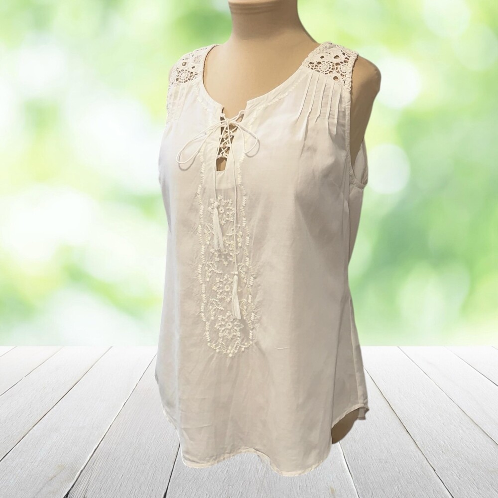 Vintage Y2K Lace Up Peasant Blouse Crochet Lace Sleeveless Top Sheer Cream Sz M